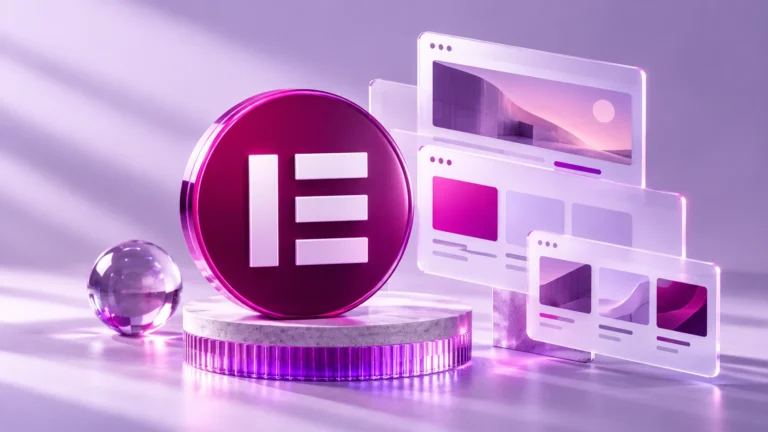 Violetinis Elementor simbolis ir moduliniai svetainės maketai