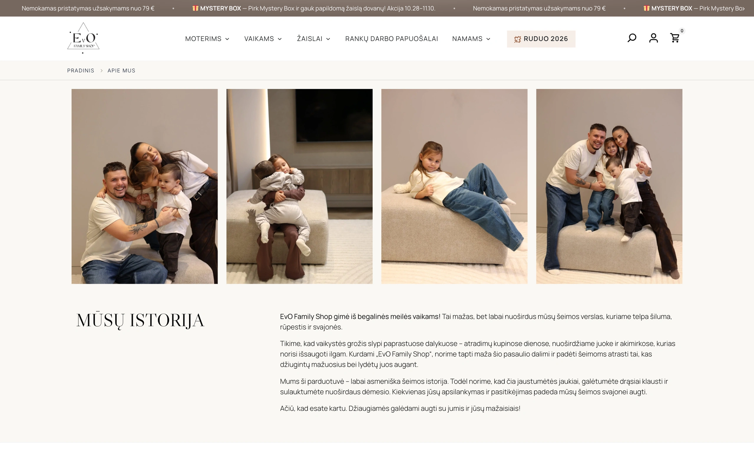 EVO Family Shop šeimos istorijos puslapis su Ovidijaus ir Evelinos šeimos nuotraukomis