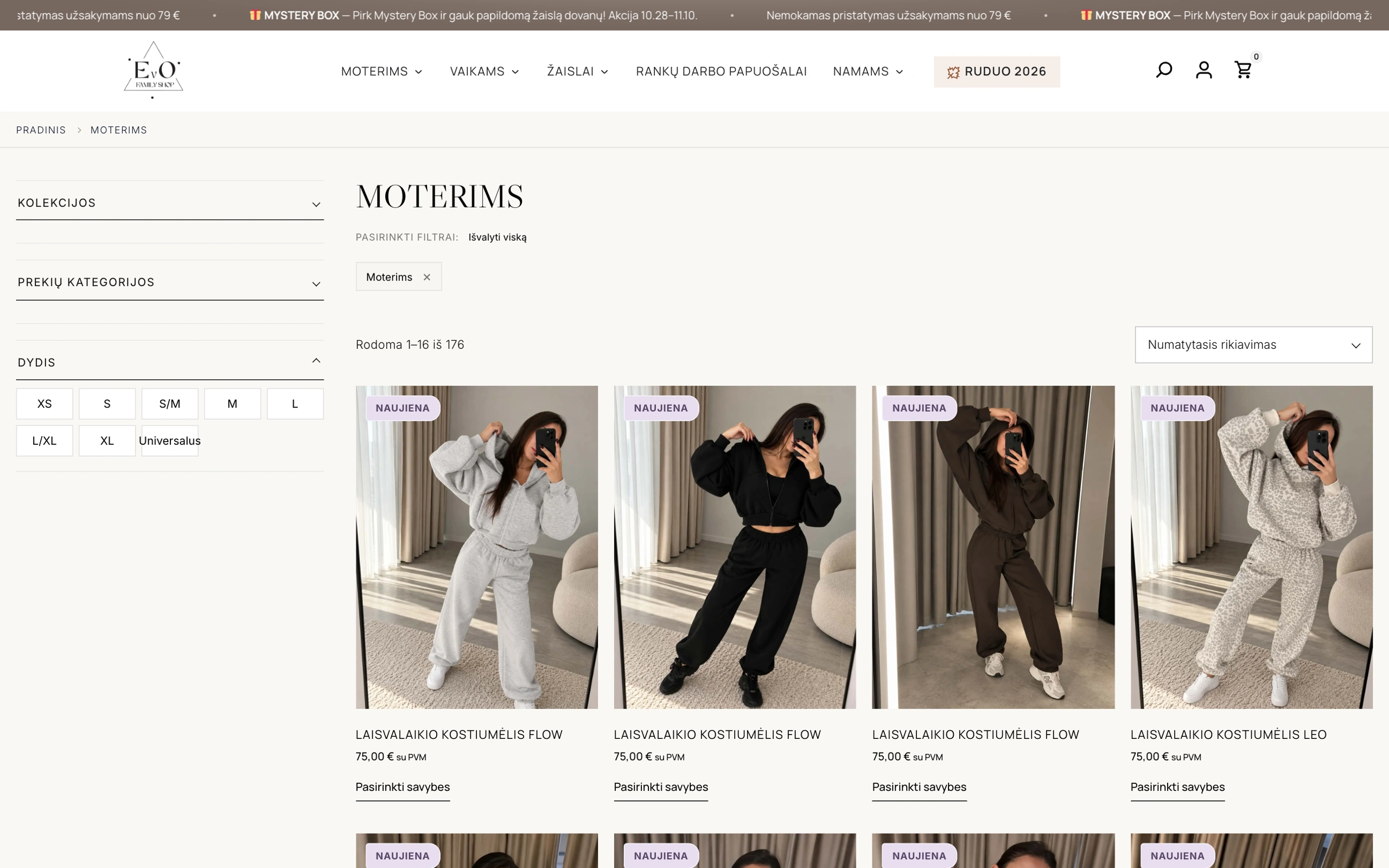 EVO Family Shop individualūs dydžių filtrai su suskleistomis kategorijomis