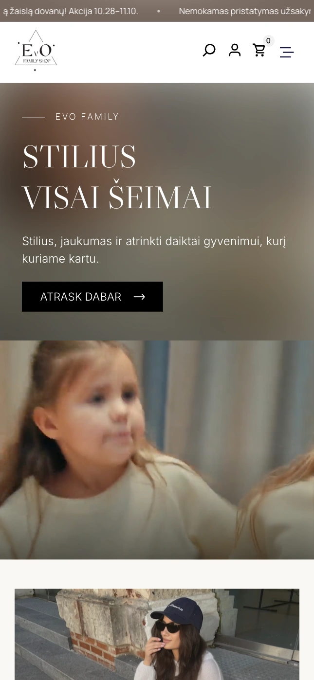 EVO Family Shop pagrindinis puslapis telefono ekrane