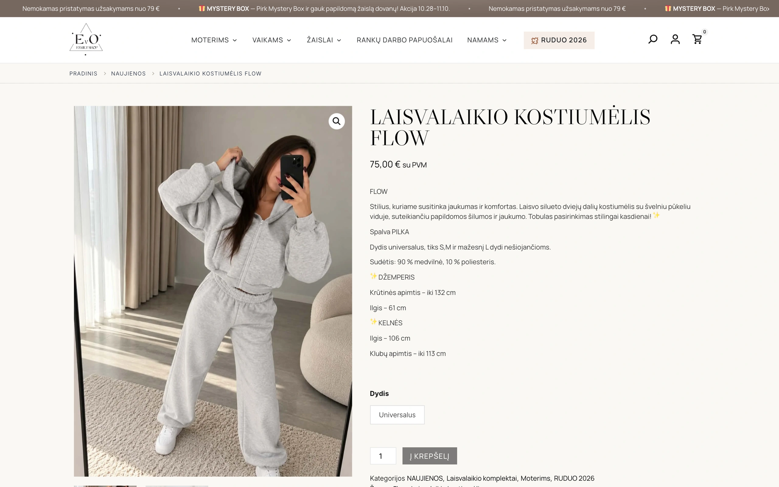 EVO Family Shop produkto puslapis su nuotrauka, aprašymu ir dydžio pasirinkimu