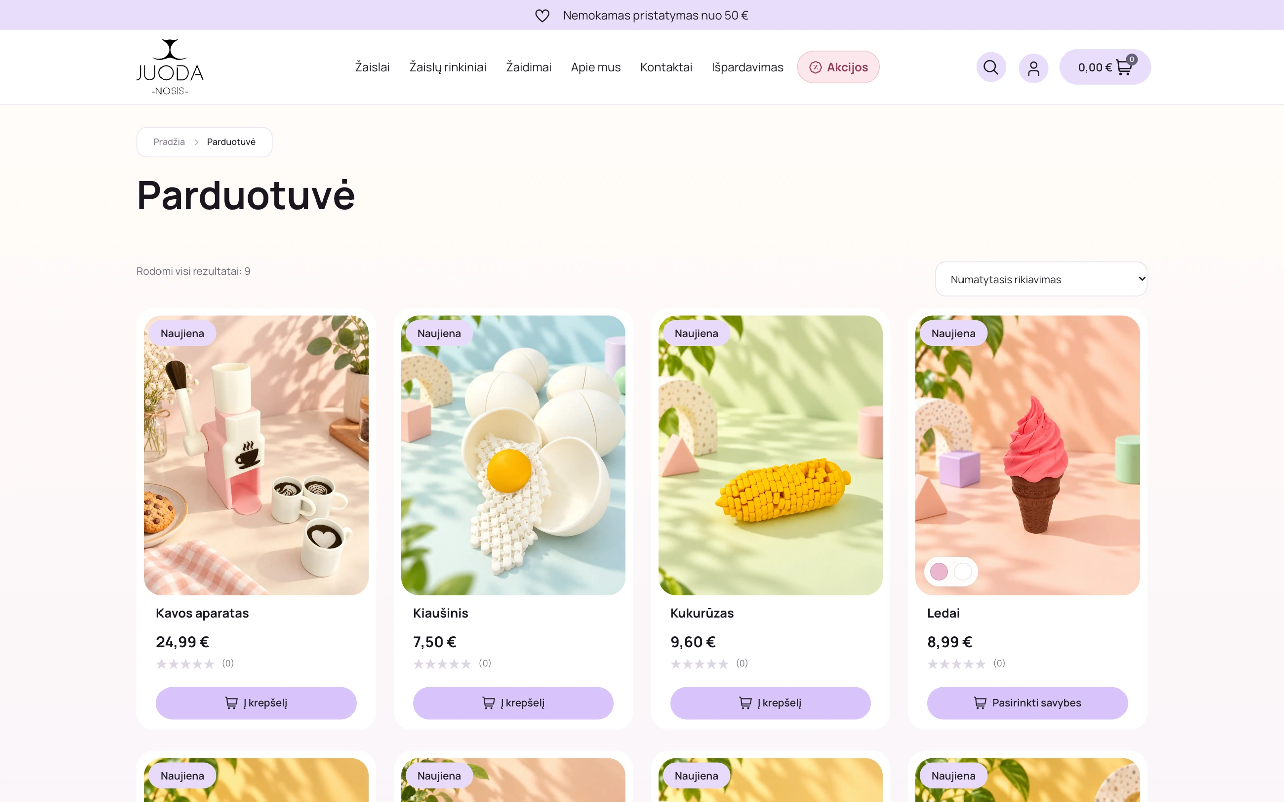 Juoda Nosis produktų katalogas su žaislų kortelėmis ir spalvų variantais
