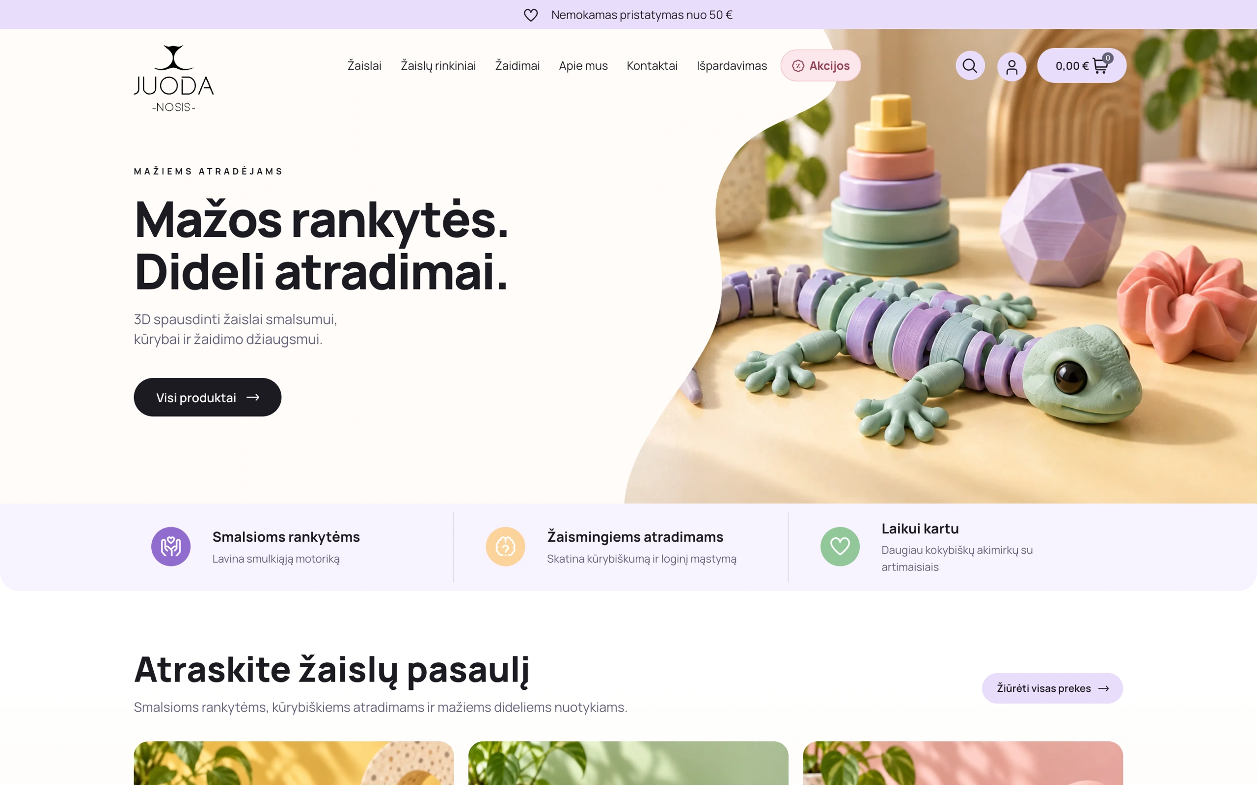 Juoda Nosis pagrindinis puslapis su 3D spausdintais žaislais ir kategorijų pristatymu