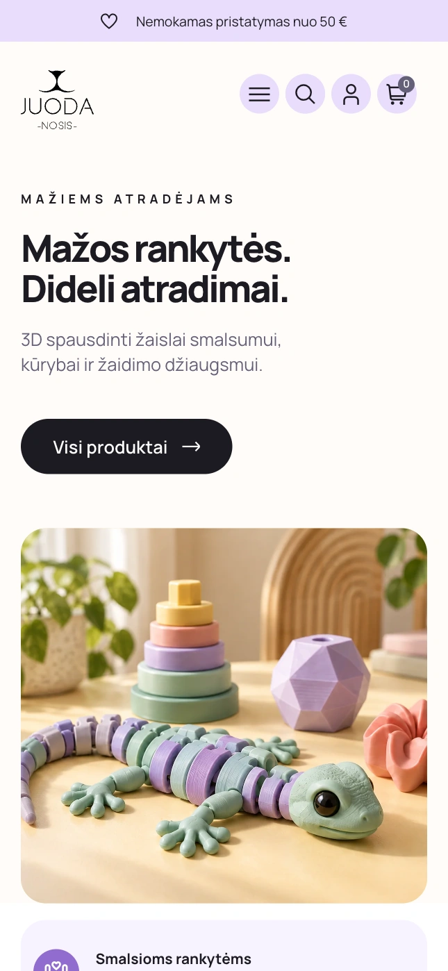 Juoda Nosis pagrindinis puslapis telefono ekrane