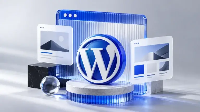 WordPress simbolis ir mėlyno stiklo svetainės maketai